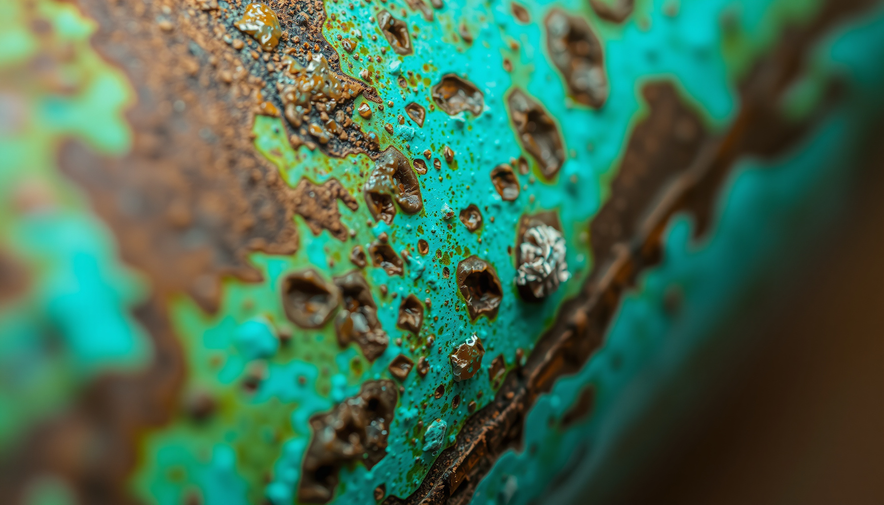 copper pipe corrosion from water close-up view