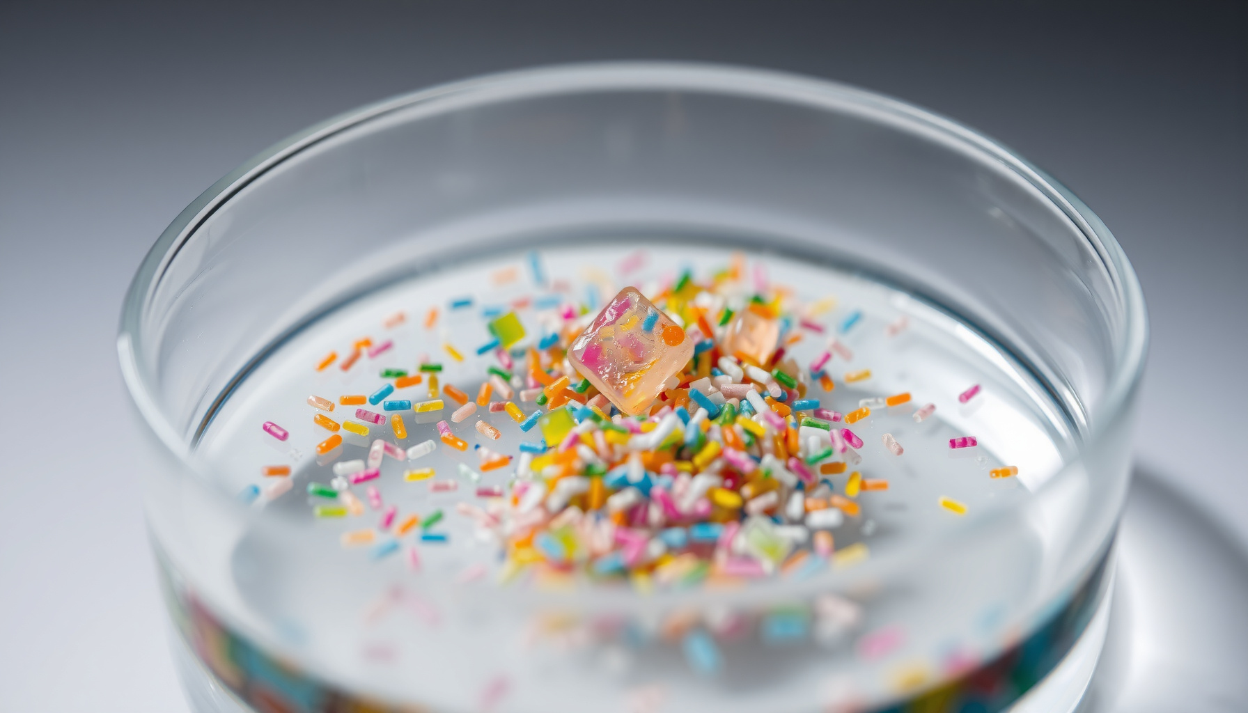 microplastics in bottled water close-up view